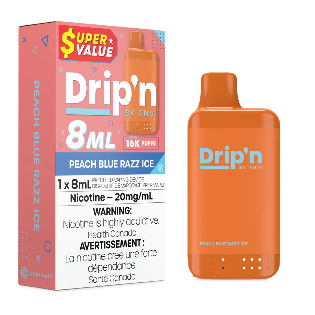 Peach Blue Razz Ice - Drip'n by Envi 8mL - 16K Disposable - 5/PK [ON]
